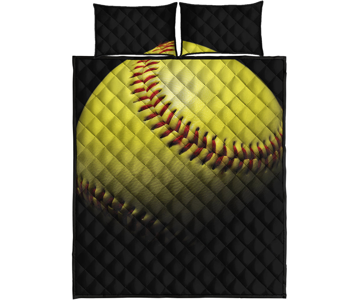 Yellow Softball Ball Print Quilt Bed Set