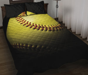 Yellow Softball Ball Print Quilt Bed Set