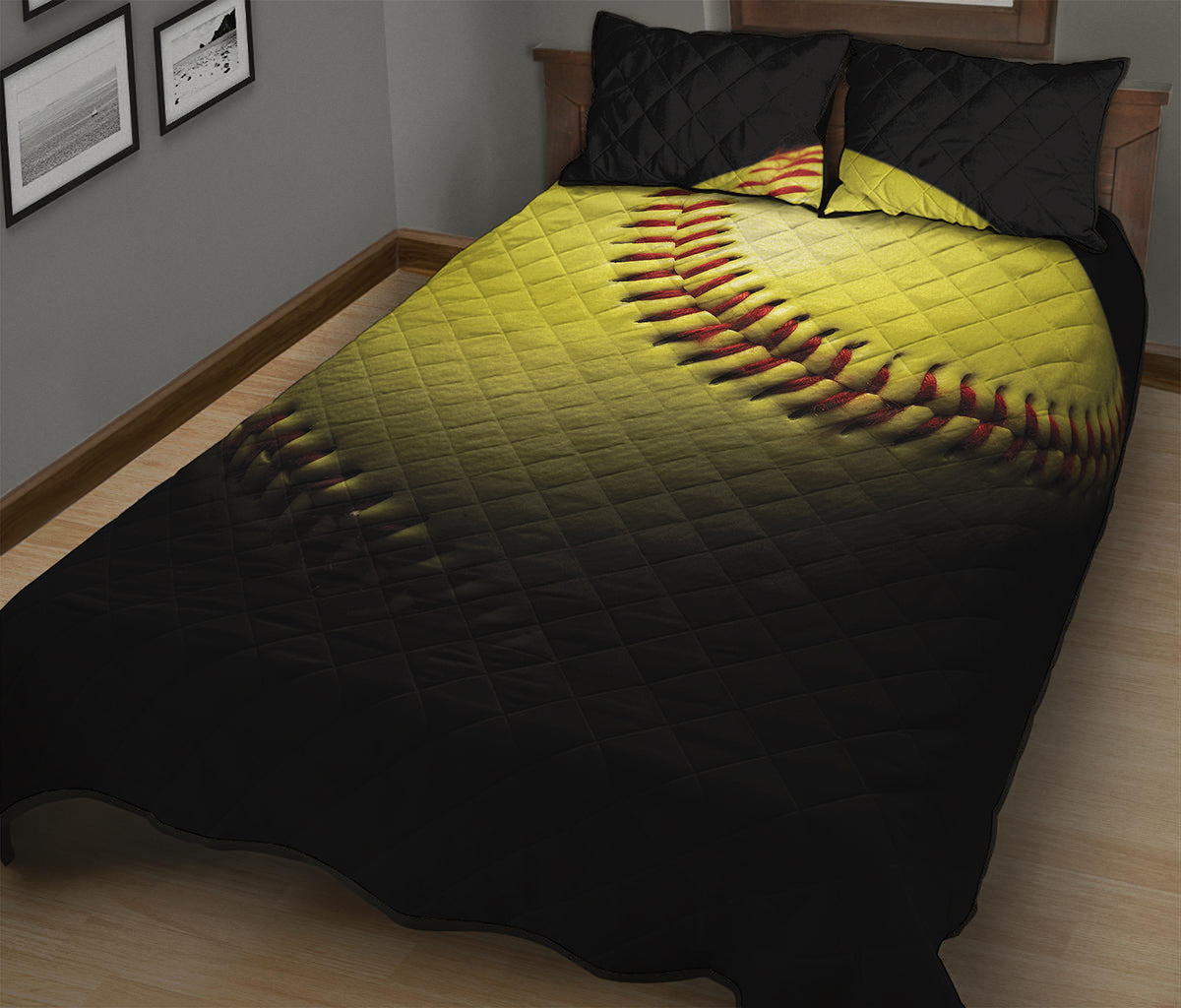 Yellow Softball Ball Print Quilt Bed Set