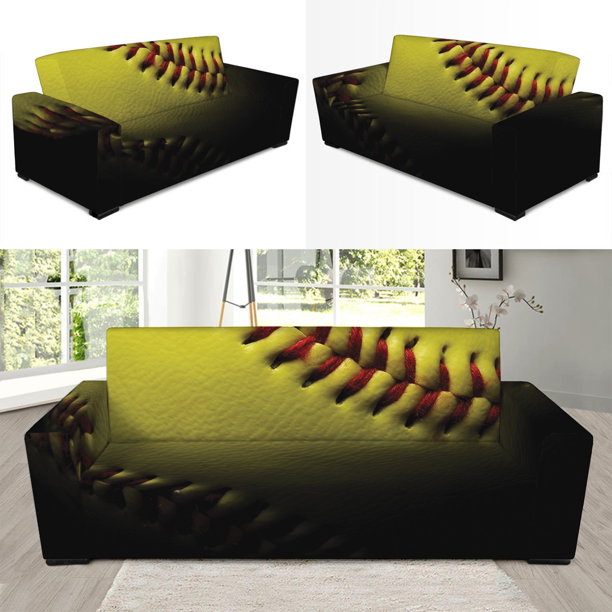 Yellow Softball Ball Print Sofa Slipcover