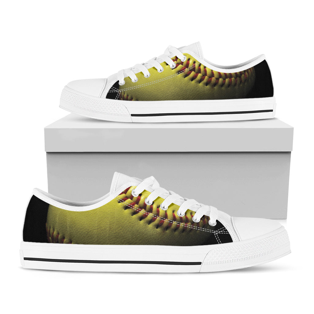 Yellow Softball Ball Print White Low Top Shoes