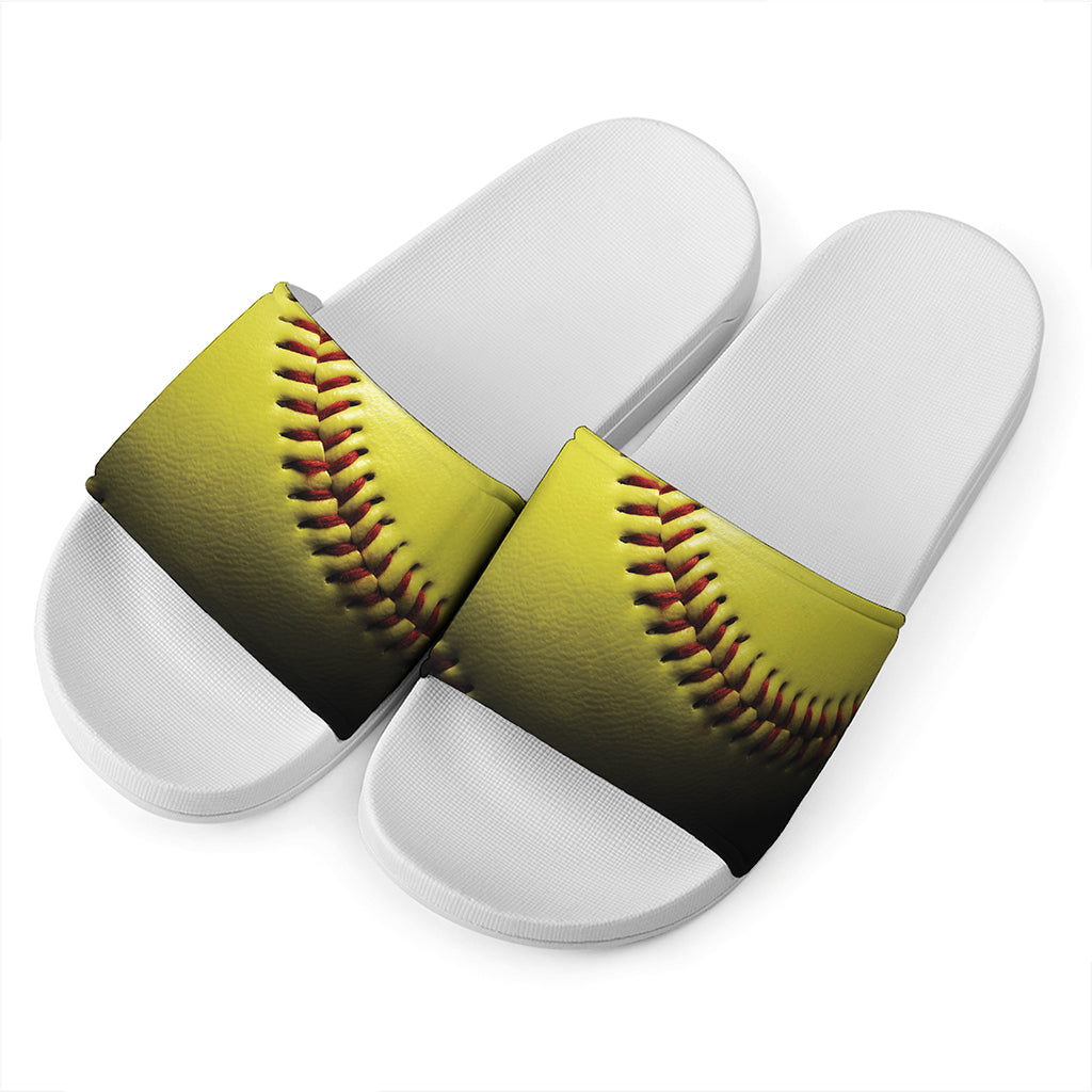 Yellow Softball Ball Print White Slide Sandals