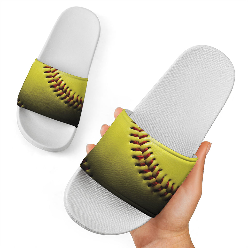 Yellow Softball Ball Print White Slide Sandals