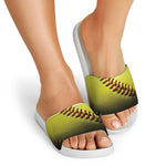 Yellow Softball Ball Print White Slide Sandals