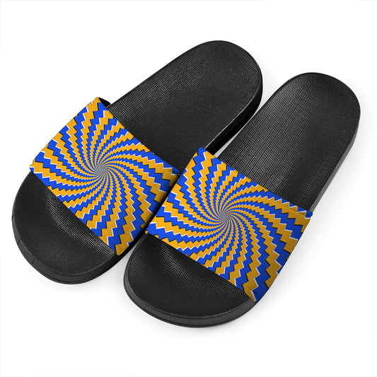 Yellow Spiral Moving Optical Illusion Black Slide Sandals
