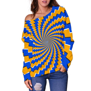 Yellow Spiral Moving Optical Illusion Off Shoulder Sweatshirt GearFrost