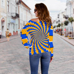 Yellow Spiral Moving Optical Illusion Off Shoulder Sweatshirt GearFrost