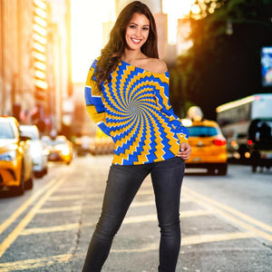 Yellow Spiral Moving Optical Illusion Off Shoulder Sweatshirt GearFrost