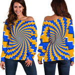 Yellow Spiral Moving Optical Illusion Off Shoulder Sweatshirt GearFrost