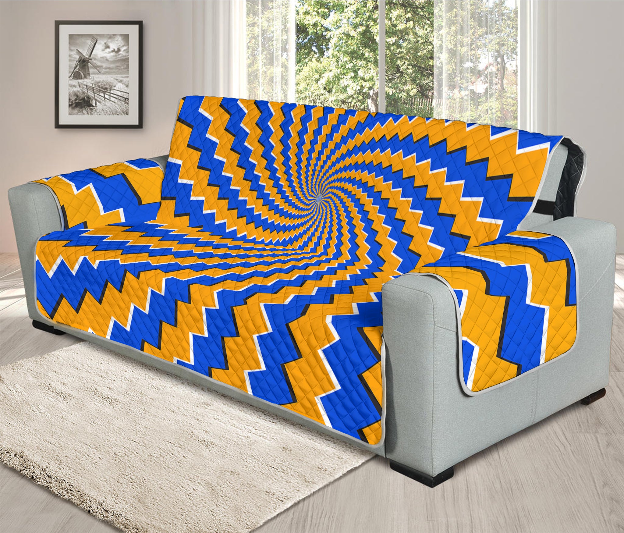 Yellow Spiral Moving Optical Illusion Oversized Sofa Protector