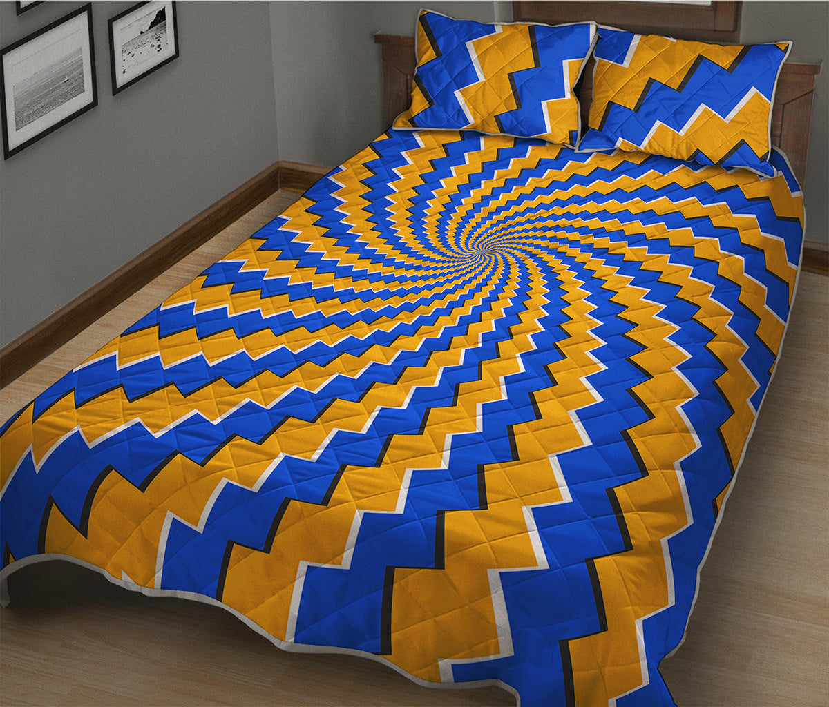 Yellow Spiral Moving Optical Illusion Quilt Bed Set