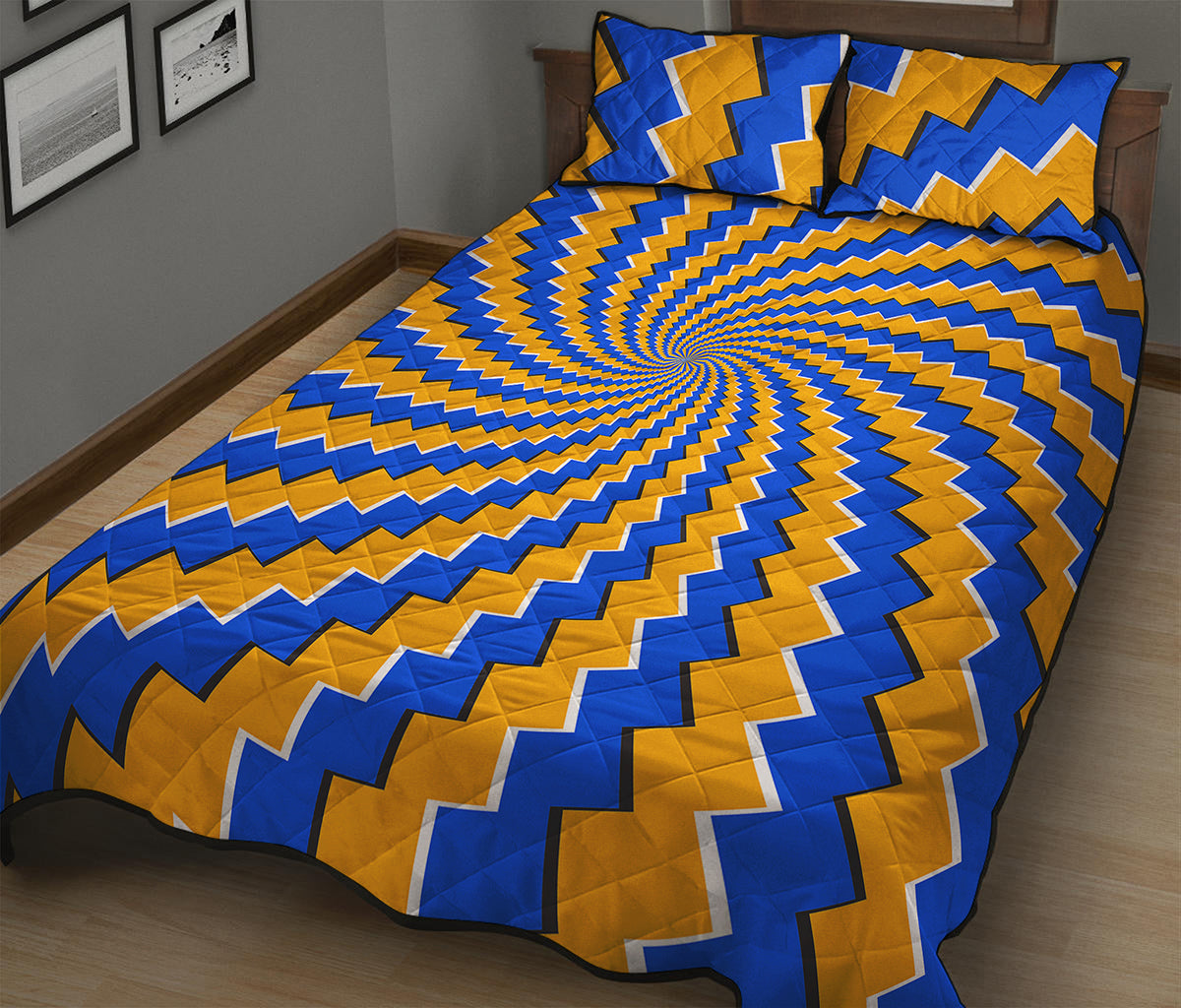 Yellow Spiral Moving Optical Illusion Quilt Bed Set