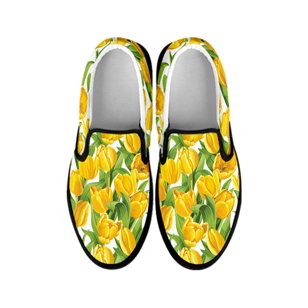 Yellow Spring Tulip Pattern Print Black Slip On Shoes