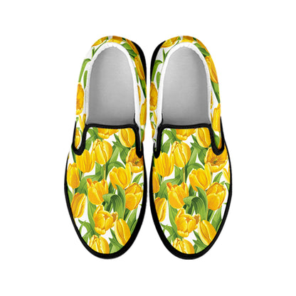 Yellow Spring Tulip Pattern Print Black Slip On Shoes
