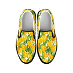Yellow Spring Tulip Pattern Print Black Slip On Shoes