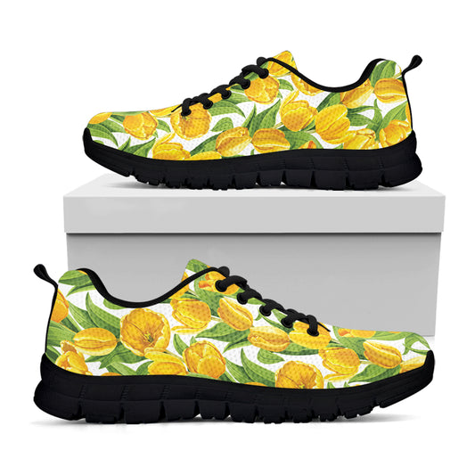 Yellow Spring Tulip Pattern Print Black Sneakers