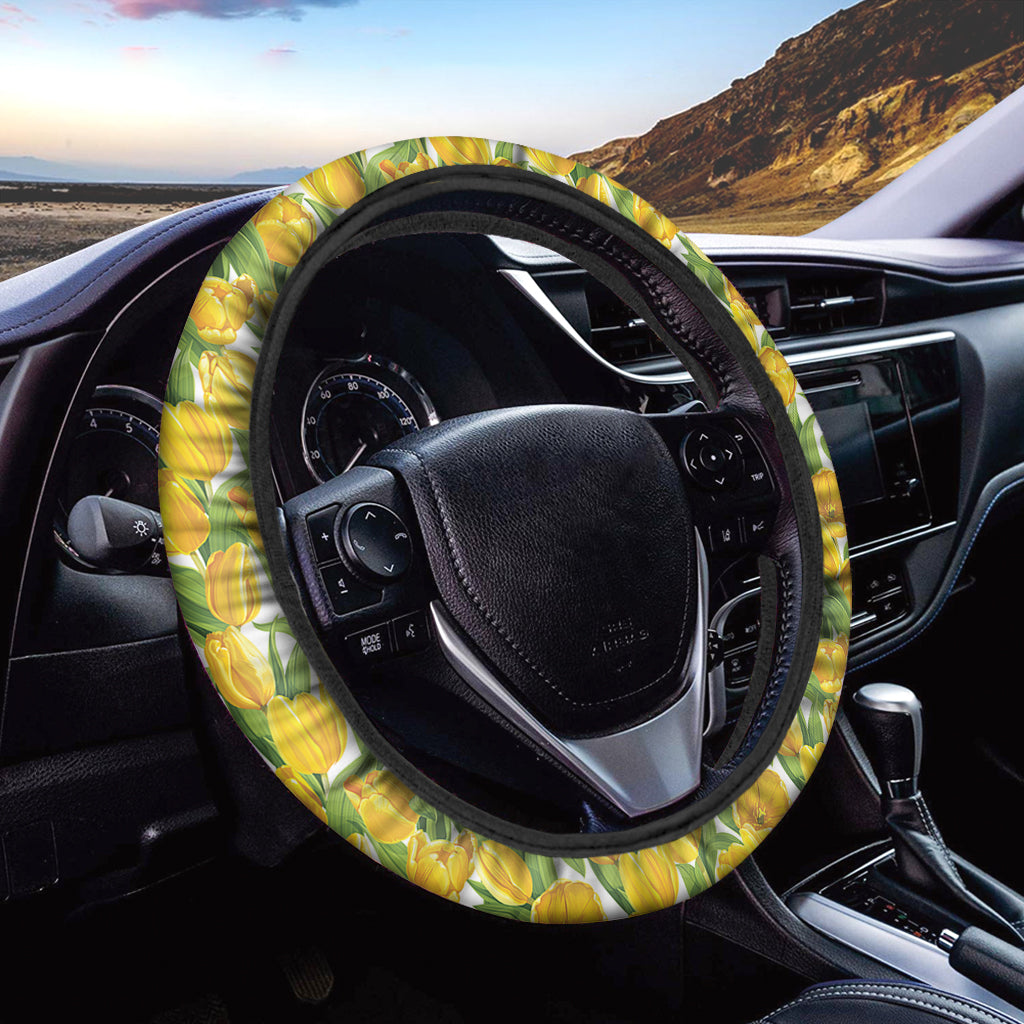 Yellow Spring Tulip Pattern Print Car Steering Wheel Cover