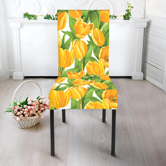 Yellow Spring Tulip Pattern Print Dining Chair Slipcover