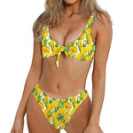 Yellow Spring Tulip Pattern Print Front Bow Tie Bikini
