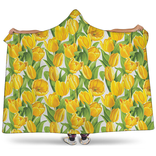 Yellow Spring Tulip Pattern Print Hooded Blanket