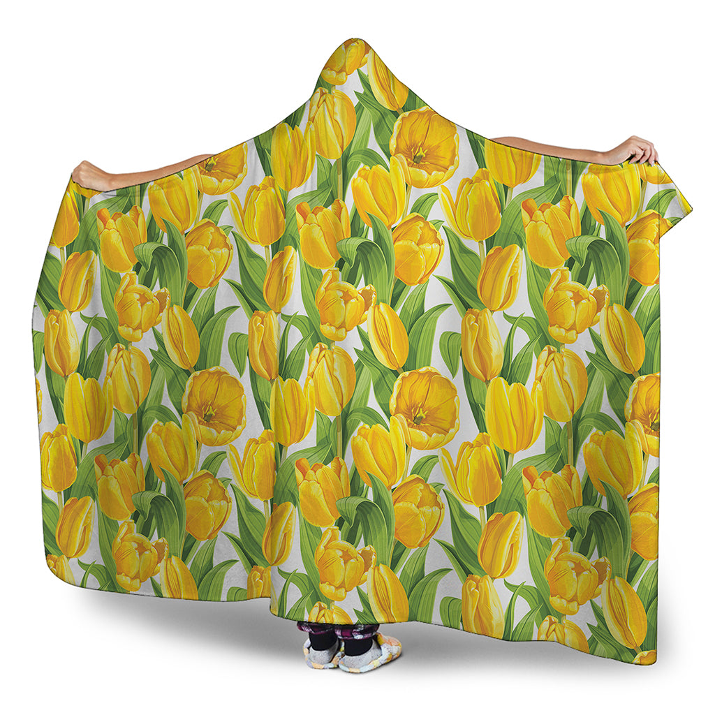 Yellow Spring Tulip Pattern Print Hooded Blanket