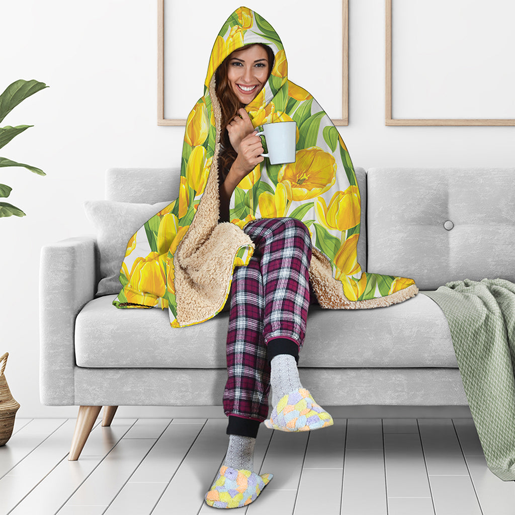 Yellow Spring Tulip Pattern Print Hooded Blanket