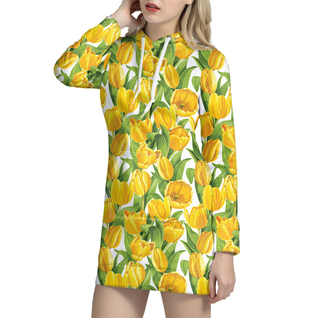 Yellow Spring Tulip Pattern Print Hoodie Dress