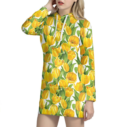 Yellow Spring Tulip Pattern Print Hoodie Dress