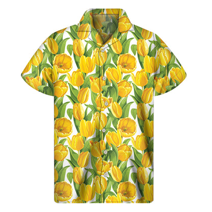 Yellow Spring Tulip Pattern Print Men's Short Sleeve Shirt