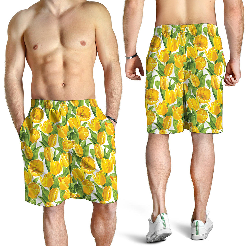Yellow Spring Tulip Pattern Print Men's Shorts