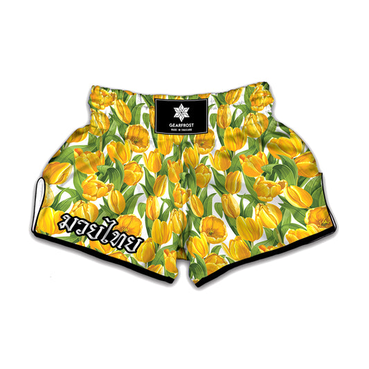 Yellow Spring Tulip Pattern Print Muay Thai Boxing Shorts
