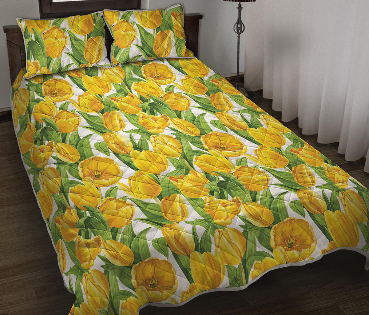 Yellow Spring Tulip Pattern Print Quilt Bed Set