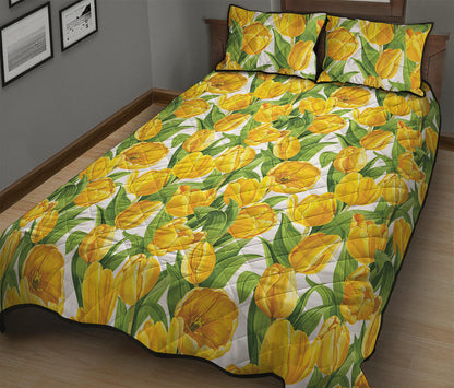 Yellow Spring Tulip Pattern Print Quilt Bed Set