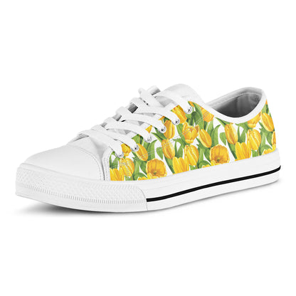 Yellow Spring Tulip Pattern Print White Low Top Shoes