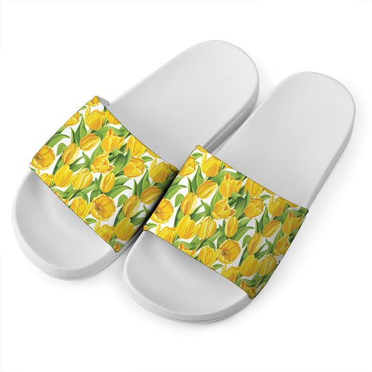 Yellow Spring Tulip Pattern Print White Slide Sandals