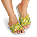 Yellow Spring Tulip Pattern Print White Slide Sandals