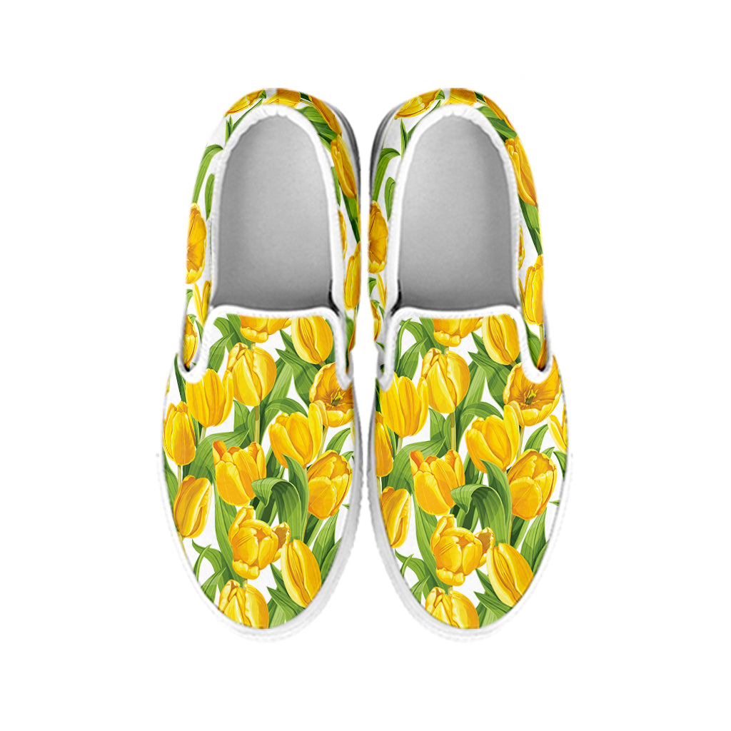 Yellow Spring Tulip Pattern Print White Slip On Shoes