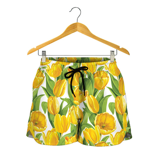 Yellow Spring Tulip Pattern Print Women's Shorts