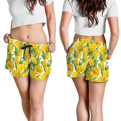 Yellow Spring Tulip Pattern Print Women's Shorts