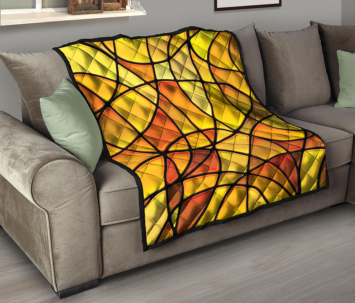 Yellow Stained Glass Mosaic Print Quilt