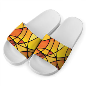 Yellow Stained Glass Mosaic Print White Slide Sandals