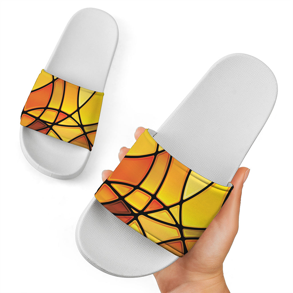 Yellow Stained Glass Mosaic Print White Slide Sandals