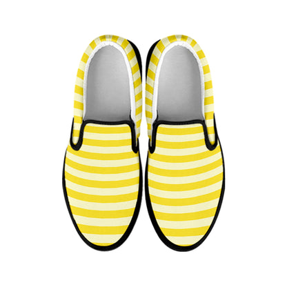 Yellow Striped Pattern Print Black Slip On Shoes