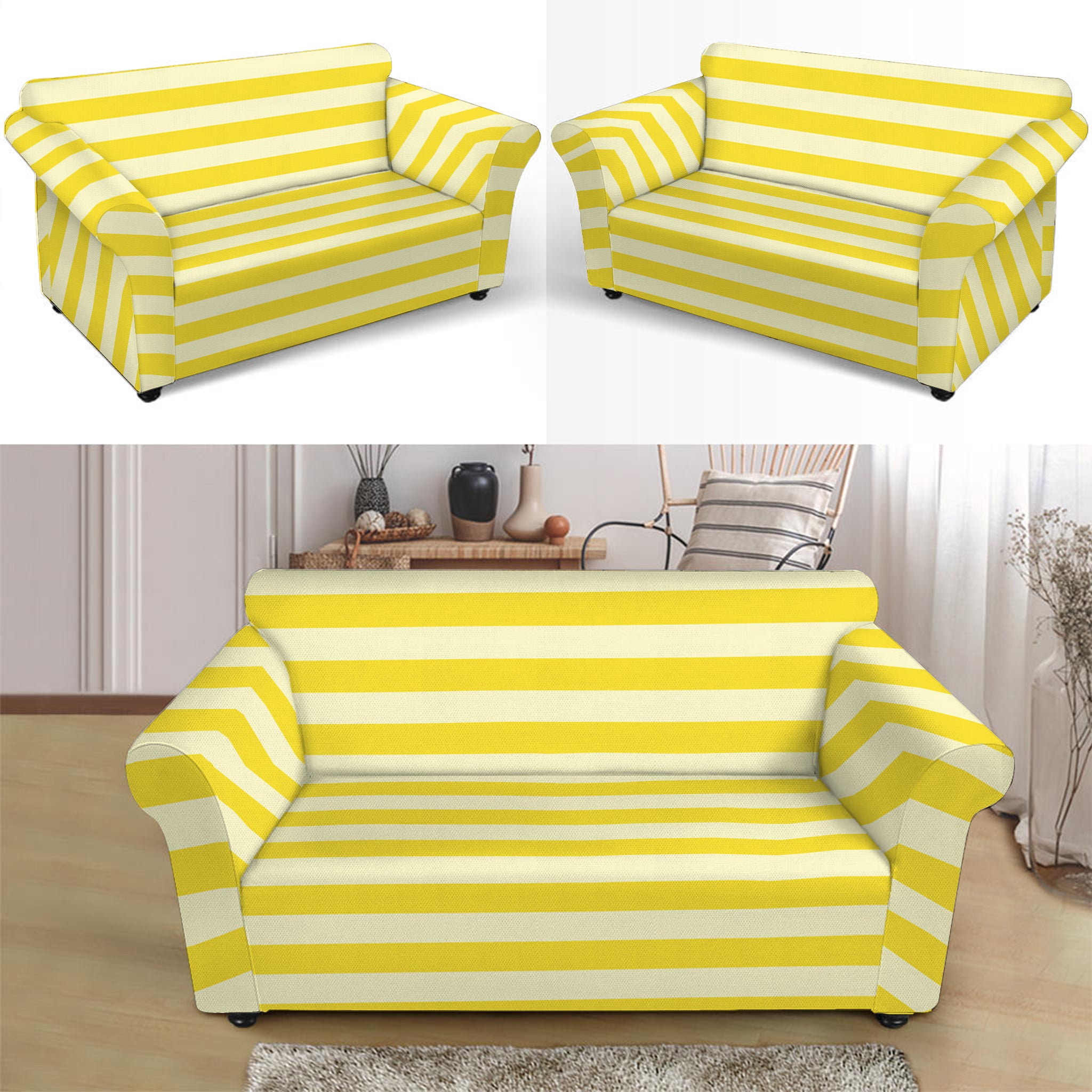 Yellow Striped Pattern Print Loveseat Slipcover