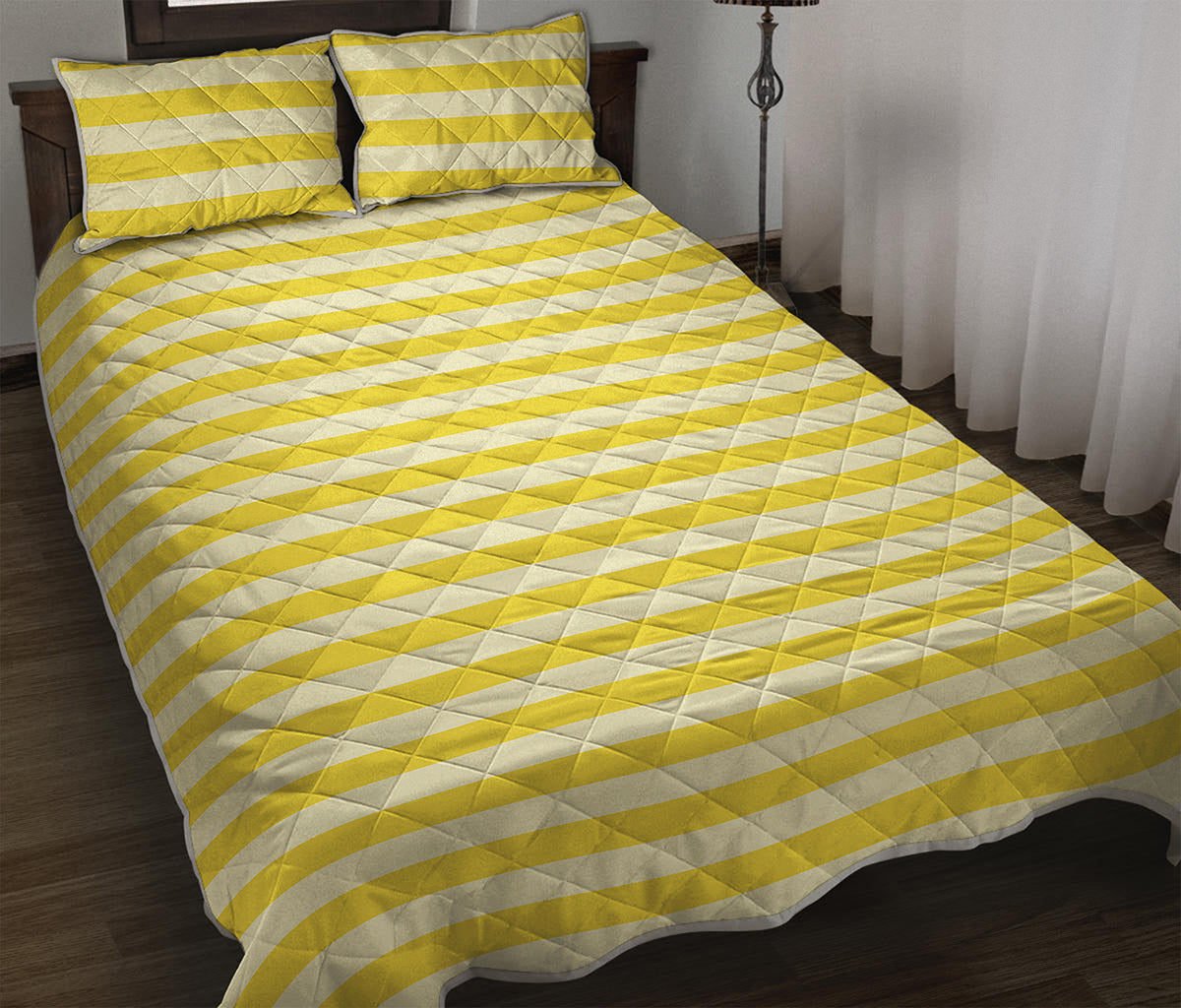 Yellow Striped Pattern Print Quilt Bed Set