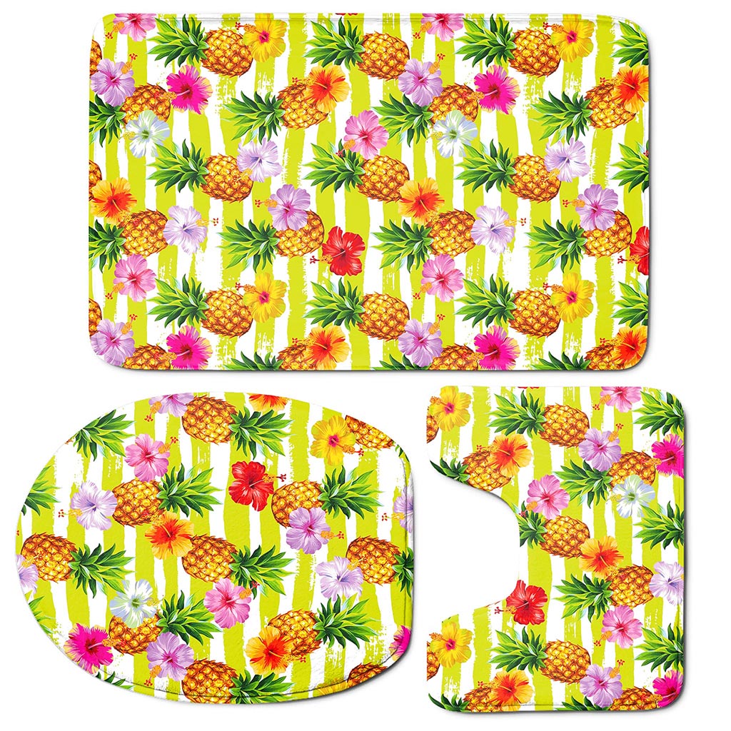Yellow Striped Pineapple Pattern Print 3 Piece Bath Mat Set