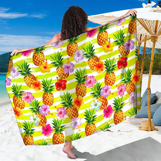 Yellow Striped Pineapple Pattern Print Beach Sarong Wrap