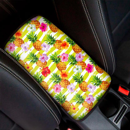 Yellow Striped Pineapple Pattern Print Car Center Console Cover