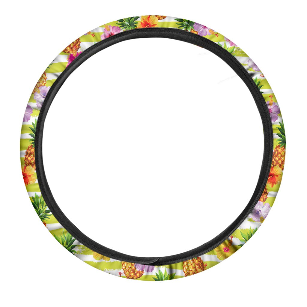 Yellow Striped Pineapple Pattern Print Car Steering Wheel Cover