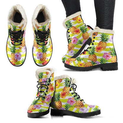 Yellow Striped Pineapple Pattern Print Comfy Boots GearFrost